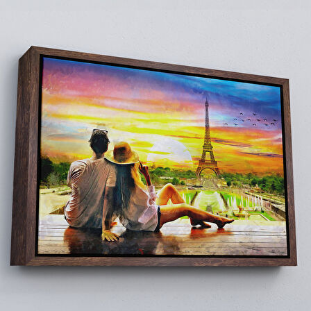 Altın Çerçeveli Paris Eyfel Kulesini Seyreden Romantik Çift Kanvas Tablo