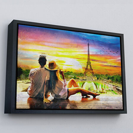 Siyah Çerçeveli Paris Eyfel Kulesini Seyreden Romantik Çift Kanvas Tablo