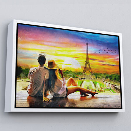Siyah Çerçeveli Paris Eyfel Kulesini Seyreden Romantik Çift Kanvas Tablo