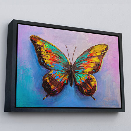 Altın Çerçeveli Renkli Kelebek Yağlıboya Görünüm Dekoratif Kanvas Duvar Tablosu