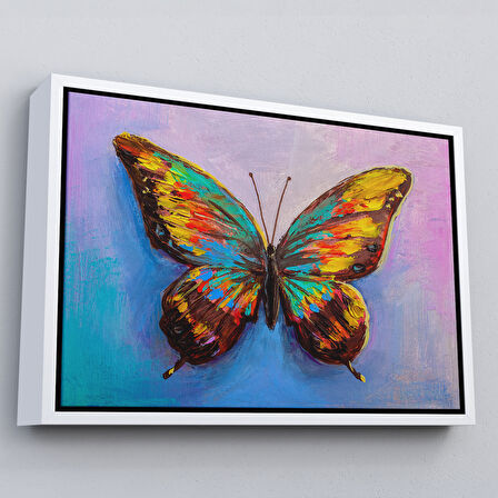 Beyaz Çerçeveli Renkli Kelebek Yağlıboya Görünüm Dekoratif Kanvas Duvar Tablosu