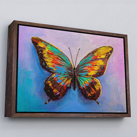Beyaz Çerçeveli Renkli Kelebek Yağlıboya Görünüm Dekoratif Kanvas Duvar Tablosu