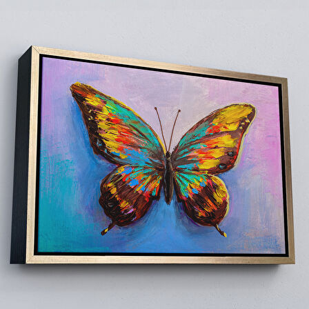 Beyaz Çerçeveli Renkli Kelebek Yağlıboya Görünüm Dekoratif Kanvas Duvar Tablosu