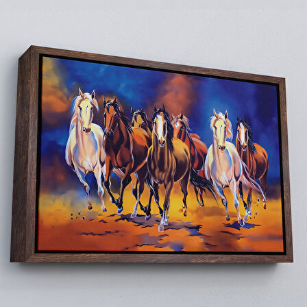 Altın Çerçeveli Koşan Atlar Yağlıboya Görünüm Dekoratif Kanvas Tablo