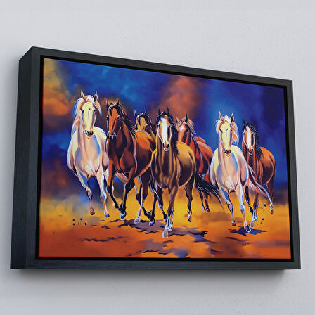 Siyah Çerçeveli Koşan Atlar Yağlıboya Görünüm Dekoratif Kanvas Tablo