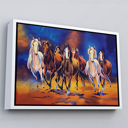 Siyah Çerçeveli Koşan Atlar Yağlıboya Görünüm Dekoratif Kanvas Tablo