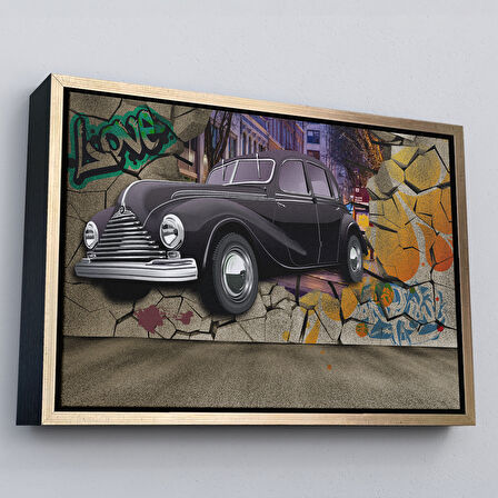 Kahverengi Çerçeveli Duvardan Fırlayan Klasik Araba Dekoratif Kanvas Duvar Tablosu