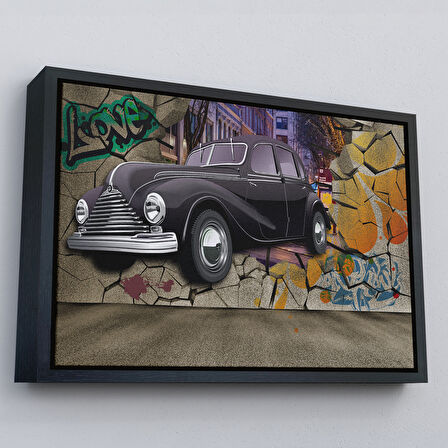 Kahverengi Çerçeveli Duvardan Fırlayan Klasik Araba Dekoratif Kanvas Duvar Tablosu