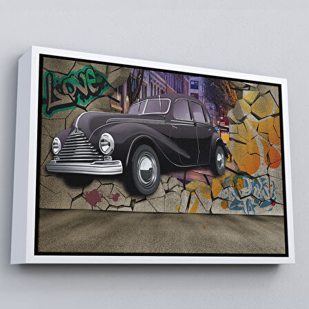 Kahverengi Çerçeveli Duvardan Fırlayan Klasik Araba Dekoratif Kanvas Duvar Tablosu