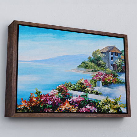 Kahverengi Çerçeveli Rengarenk Çiçekler Arasındaki Deniz Manzaralı Ev Duvar Tablosu
