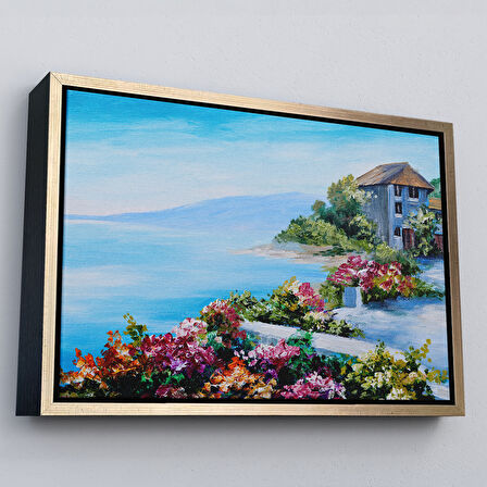 Kahverengi Çerçeveli Rengarenk Çiçekler Arasındaki Deniz Manzaralı Ev Duvar Tablosu