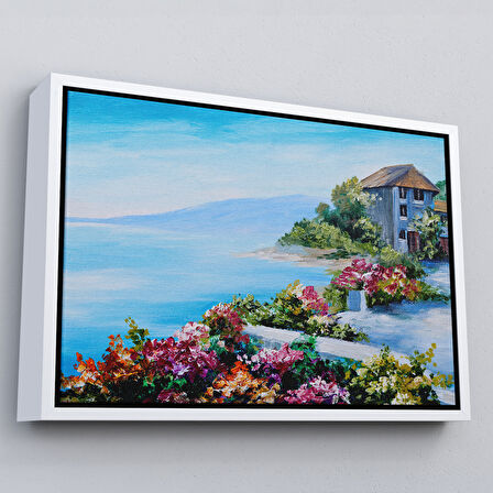 Siyah Çerçeveli Rengarenk Çiçekler Arasındaki Deniz Manzaralı Ev Duvar Tablosu