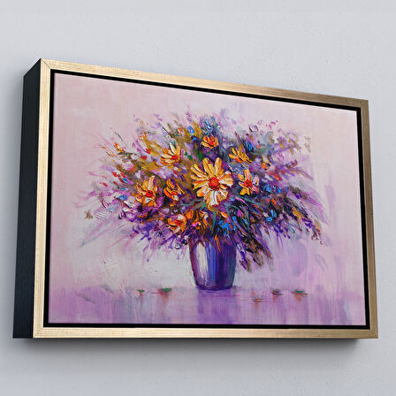 Altın Çerçeveli Yağlıboya Görünümlü Vazo İçerisindeki Renkli Çiçekler Duvar Tablosu