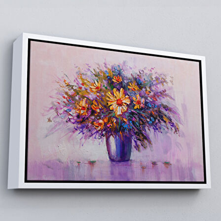 Altın Çerçeveli Yağlıboya Görünümlü Vazo İçerisindeki Renkli Çiçekler Duvar Tablosu
