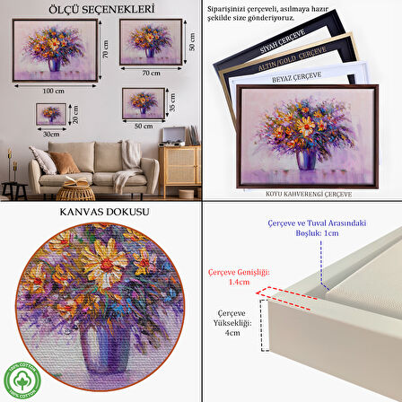 Kahverengi Çerçeveli Yağlıboya Görünümlü Vazo İçerisindeki Renkli Çiçekler Duvar Tablosu