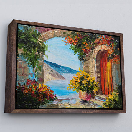 Kahverengi Çerçeveli Renkli Çiçekler Arasındaki Deniz Manzaralı Ev Duvar Tablosu