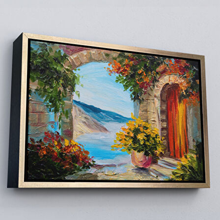 Kahverengi Çerçeveli Renkli Çiçekler Arasındaki Deniz Manzaralı Ev Duvar Tablosu