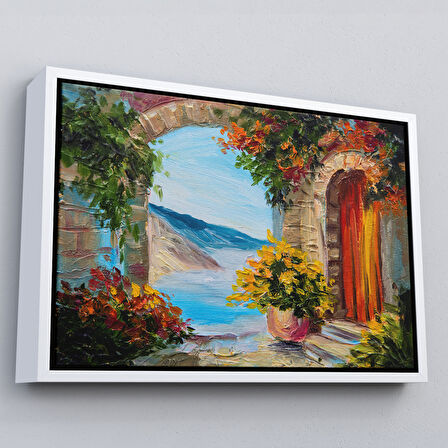 Kahverengi Çerçeveli Renkli Çiçekler Arasındaki Deniz Manzaralı Ev Duvar Tablosu