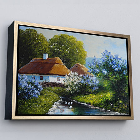 Altın Çerçeveli Akarsu Kenarındaki Köy Evi Yağlıboya Dekoratif Kanvas Duvar Tablosu