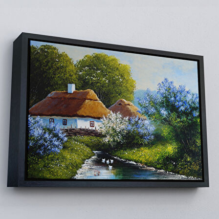 Altın Çerçeveli Akarsu Kenarındaki Köy Evi Yağlıboya Dekoratif Kanvas Duvar Tablosu