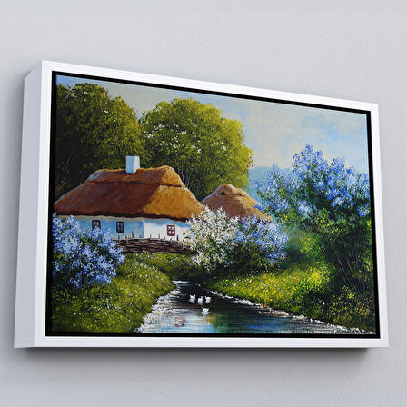 Altın Çerçeveli Akarsu Kenarındaki Köy Evi Yağlıboya Dekoratif Kanvas Duvar Tablosu