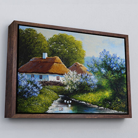 Altın Çerçeveli Akarsu Kenarındaki Köy Evi Yağlıboya Dekoratif Kanvas Duvar Tablosu