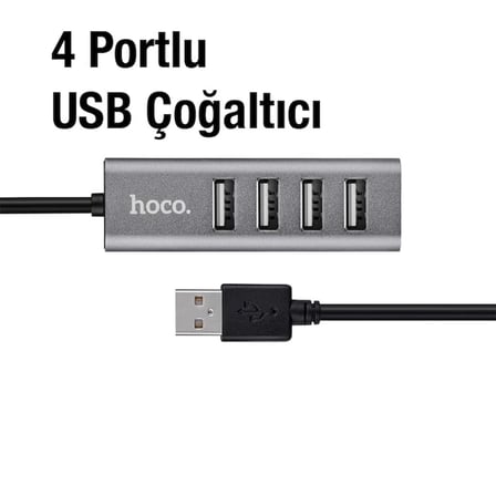 HOCO HB1 80cm Kablolu 4 Portlu USB Çoğaltıcı HUB Adaptör-(5775) — Renk: Füme