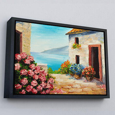 Siyah Çerçeveli Çiçekler Arasındaki Deniz Manzaralı Ev Duvar Tablosu