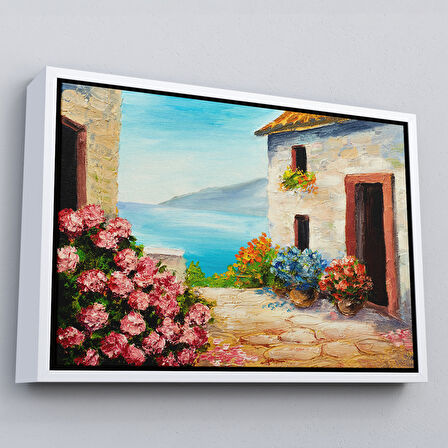 Siyah Çerçeveli Çiçekler Arasındaki Deniz Manzaralı Ev Duvar Tablosu
