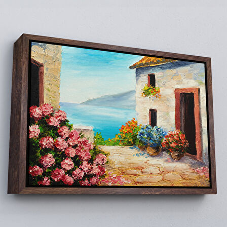 Siyah Çerçeveli Çiçekler Arasındaki Deniz Manzaralı Ev Duvar Tablosu