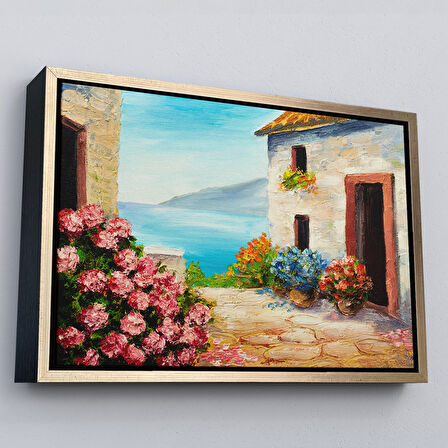 Siyah Çerçeveli Çiçekler Arasındaki Deniz Manzaralı Ev Duvar Tablosu
