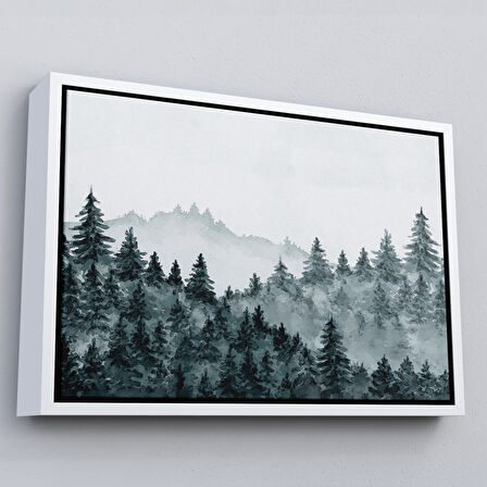 Beyaz Çerçeveli Suluboya Görünümlü Orman Manzarası Dekoratif Kanvas Duvar Tablosu
