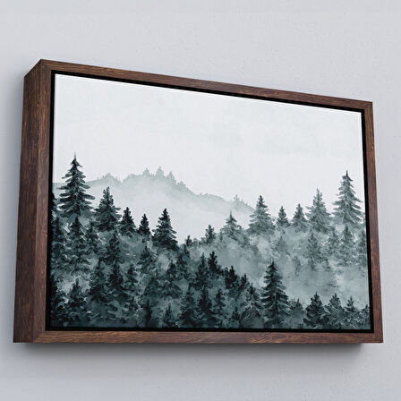 Beyaz Çerçeveli Suluboya Görünümlü Orman Manzarası Dekoratif Kanvas Duvar Tablosu