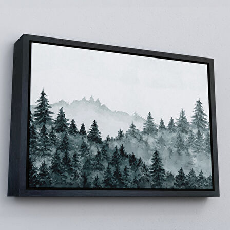 Beyaz Çerçeveli Suluboya Görünümlü Orman Manzarası Dekoratif Kanvas Duvar Tablosu