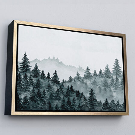 Kahverengi Çerçeveli Suluboya Görünümlü Orman Manzarası Dekoratif Kanvas Duvar Tablosu