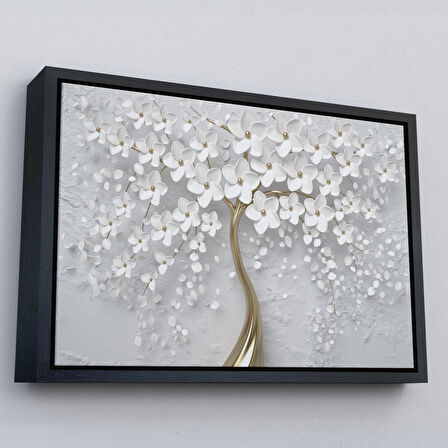 Altın Çerçeveli Beyaz Gelincik Ağacı Dekoratif Kanvas Duvar Tablosu
