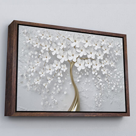 Altın Çerçeveli Beyaz Gelincik Ağacı Dekoratif Kanvas Duvar Tablosu