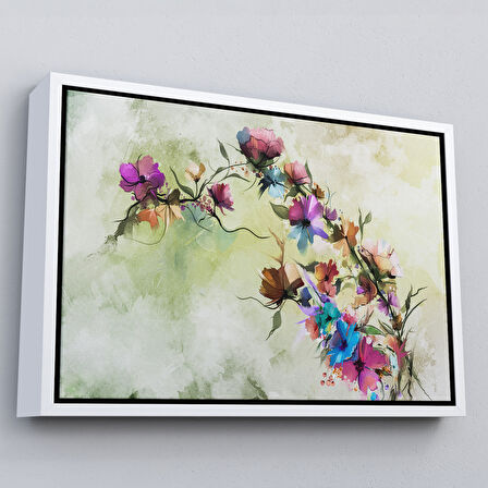 Kahverengi Çerçeveli Soyut Bahar Çiçekleri Duvar Tablosu