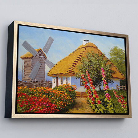 Beyaz Çerçeveli Köy Evi Manzarası Yağlıboya Görünüm Dekoratif Kanvas Duvar Tablosu