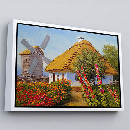 Kahverengi Çerçeveli Köy Evi Manzarası Yağlıboya Görünüm Dekoratif Kanvas Duvar Tablosu