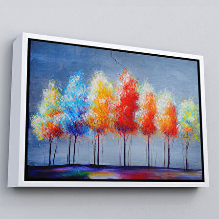 Siyah Çerçeveli Renkli Ağaçlar Yağlıboya Görünüm Dekoratif Kanvas Duvar Tablosu