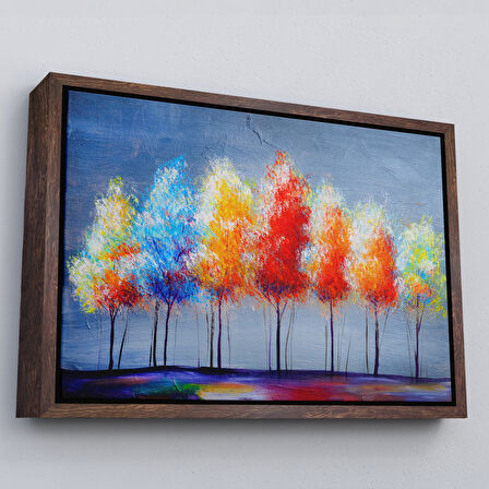 Siyah Çerçeveli Renkli Ağaçlar Yağlıboya Görünüm Dekoratif Kanvas Duvar Tablosu