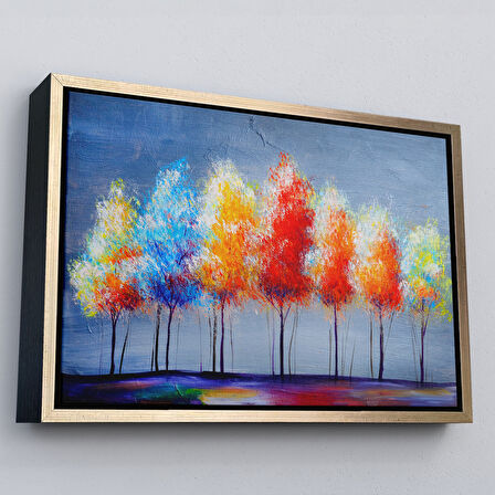 Siyah Çerçeveli Renkli Ağaçlar Yağlıboya Görünüm Dekoratif Kanvas Duvar Tablosu