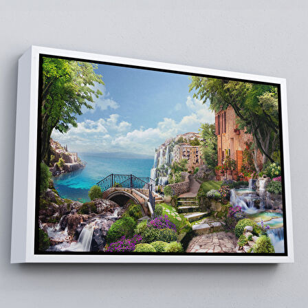 Altın Çerçeveli Eski İtalyan Evleri Yağlıboya Görünüm Dekoratif Kanvas Duvar Tablosu