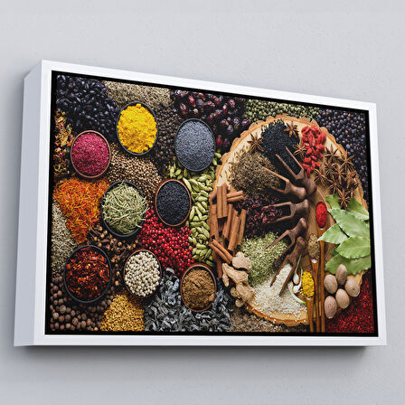 Siyah Çerçeveli Mutfak Masasın da Baharatlar Dekoratif Kanvas Duvar Tablosu
