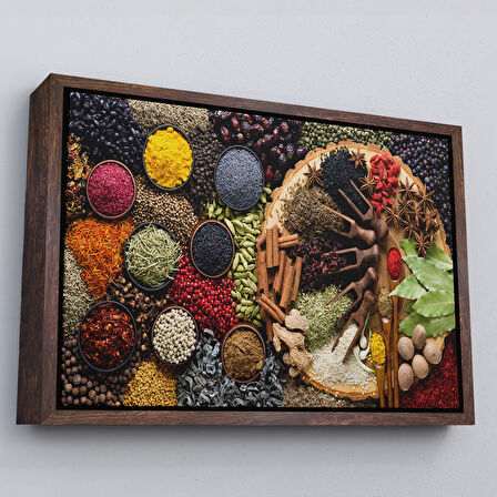 Siyah Çerçeveli Mutfak Masasın da Baharatlar Dekoratif Kanvas Duvar Tablosu