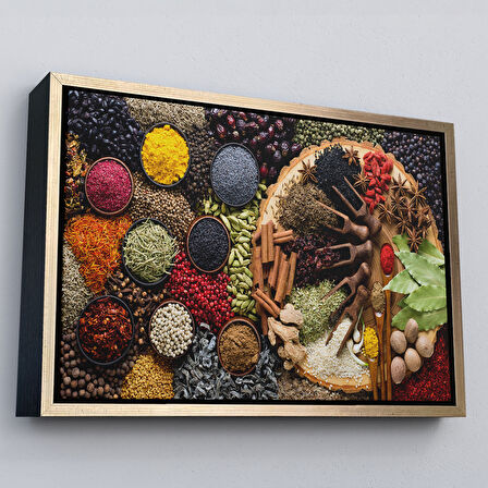 Siyah Çerçeveli Mutfak Masasın da Baharatlar Dekoratif Kanvas Duvar Tablosu