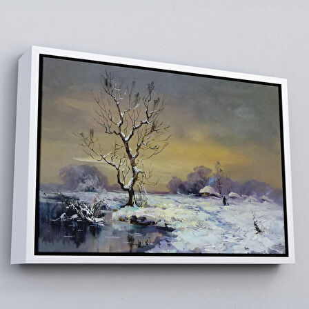 Siyah Çerçeveli Karla Kaplı Köy Manzarası Duvar Tablosu