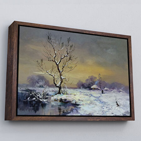 Siyah Çerçeveli Karla Kaplı Köy Manzarası Duvar Tablosu