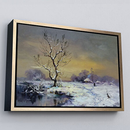 Siyah Çerçeveli Karla Kaplı Köy Manzarası Duvar Tablosu